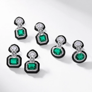 Retro geometric S925 silver stud earrings with emerald gemstones and white diamonds