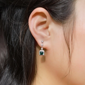 Emerald cut green gemstone drop earrings with S925 silver and white zircon accents