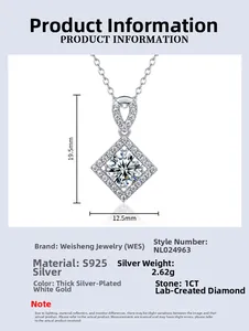 Detail of S925 silver geometric necklace with 1CT lab diamond and 19.5x12.5mm dimensions