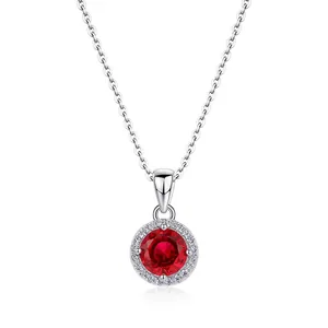 Collier Pendentif Rubis de Laboratoire Argent Sterling 925 Élégant Chaîne de Clavicule Halo Strass pour Femme Bijoux