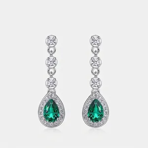 925 Sterling Silver Lab-Grown Emerald Stud Earrings Pear Cut Halo Rhinestone Dangle Earrings For Women Luxury Jewelry Gift