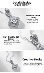 Close-up of S925 silver necklace featuring a square halo pendant and EF VS lab diamond