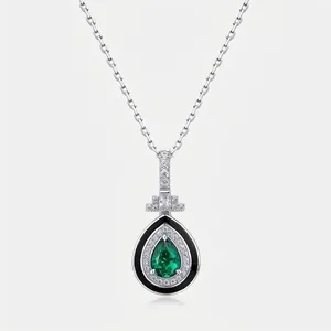 Vintage 925 Sterlingsilber Labor Smaragd Tropfen Anhänger Halskette Für Damen Luxus Strass Emaille Halo Schmuck