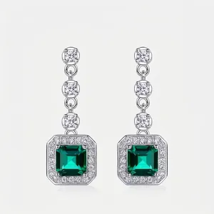 Vintage S925 Sterling Silver Lab-Grown Emerald Stud Earrings Square Halo Zirconia Inlaid Luxurious Jewelry For Women Gift