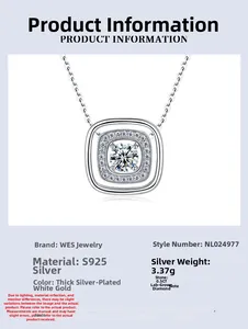 Detail of S925 sterling silver necklace with a 0.5CT lab-grown diamond square pendant
