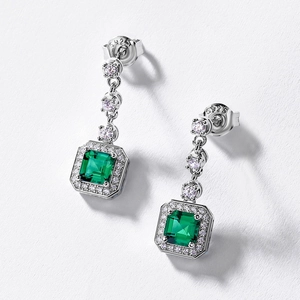 Elegant S925 silver stud earrings with square emerald gemstones and halo micro-inlay