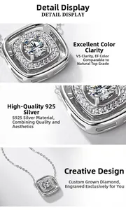 Detailed macro view of S925 sterling silver square pendant with EF VS lab-grown diamonds