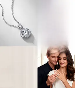 Detail of halo lab-grown diamond necklace and ring set in 925 sterling silver