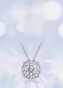 Macro detail of round brilliant cut lab-grown diamond pendant with halo setting in silver