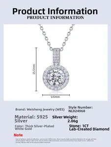 Detailed view of S925 silver necklace with 1ct lab-grown diamond pendant and dimensions