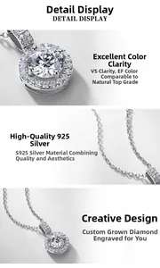 Macro detail of S925 silver necklace with 1ct round lab-grown diamond pendant EF VS