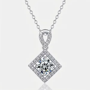 925 Sterling Silver Lab Grown Diamond Geometric Halo Pendant Necklace For Women VS EF Grade Round Main Stone Luxurious Jewelry Gift