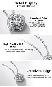 Vues macro d'un collier en argent 925 avec diamant de laboratoire taille coussin poli