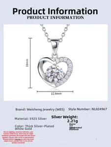 Detailansicht der S925 Silber Herzkette mit 1CT Labor-Diamant und Abmessungen