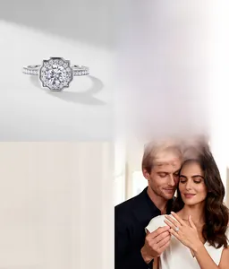 Vue détaillée d'une bague avec diamant de laboratoire rond, monture halo et anneau pavé