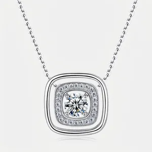 925 Sterling Silver Lab-Grown Diamond Necklace For Women Geometric Hollow Square Pendant Clavicle Chain Luxury Fine Jewelry