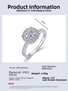 Détails de la bague en argent S925 avec un diamant de culture de 1ct en serti rond
