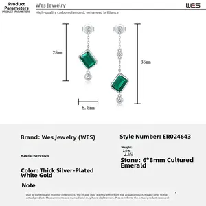 Detail view of asymmetrical S925 silver emerald earrings with measurements and dimensions