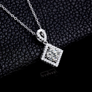 Luxurious S925 sterling silver necklace with a geometric square halo lab diamond pendant