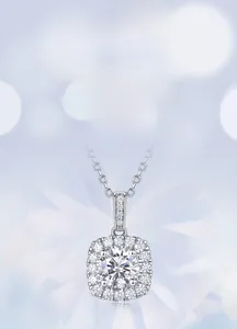 Macro shot of halo-set lab-grown diamond pendant with elegant 925 silver finish