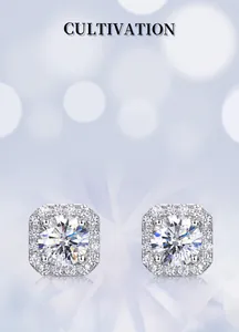 Macro detail of square halo stud earrings with round brilliant-cut lab diamonds