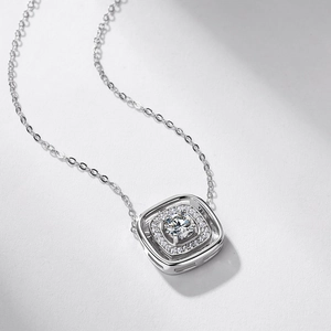 Square halo necklace with round brilliant diamond pendant on S925 silver chain