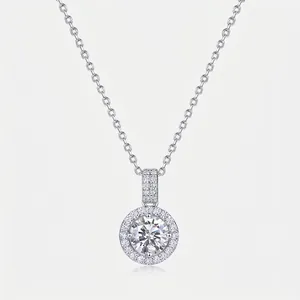 925 Sterling Silver Rhinestone Pendant Necklace Round Halo Design Elegant Jewelry For Women Wedding Anniversary Gift