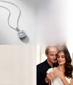 Macro detail of lab-grown cushion-cut diamond necklace and ring set in 925 silver