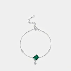 925 Sterling Silver Lab-Grown Emerald Bracelet For Women Vintage Geometric Green Gemstone Adjustable Link Chain Jewelry