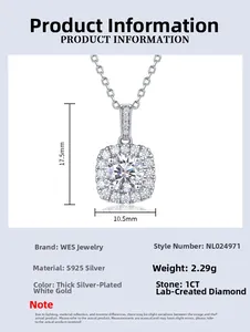 Detail of S925 silver necklace with 1CT round lab diamond in square cluster setting
