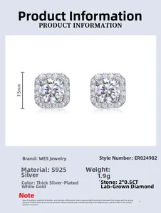 Detailed specifications of S925 silver square lab diamond earrings with 0.5CT stones