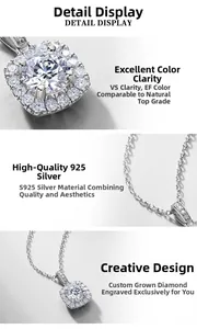 Detailed macro view of S925 silver necklace featuring a square halo lab-grown diamond pendant