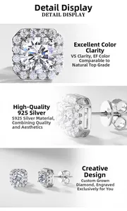 Macro detail of S925 sterling silver square halo stud earrings with VS clarity lab diamonds