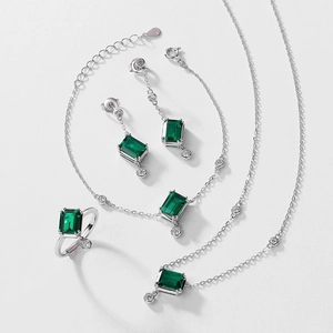 Vintage S925 silver jewelry set with emerald-cut green gemstones and necklace