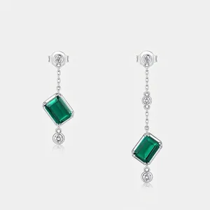 S925 Sterling Silver Asymmetric Lab Created Green Emerald Drop Earrings For Women Vintage Elegant Rhinestone Jewelry Gift