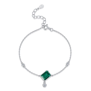S925 sterling silver emerald bracelet with rectangle green gem and round zircons