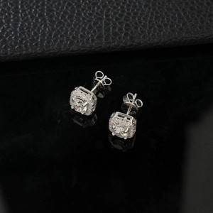 Detailed view of S925 sterling silver square halo earrings with brilliant round stones