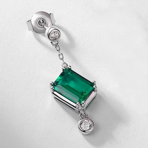 S925 silver emerald earrings featuring square lab-grown gemstones and zircon accents