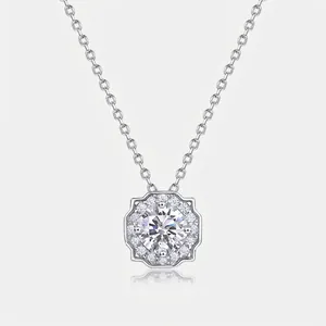 Elegant 925 Sterling Silver Lab Grown Diamond Necklace For Women Geometric Round Inlaid Pendant Adjustable Chain Jewelry