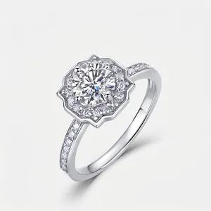 Bague de Fiançailles Halo de Luxe en Argent Sterling S925 avec Strass Taille Ronde Anneau Géométrique pour Femme Bijoux de Mariage