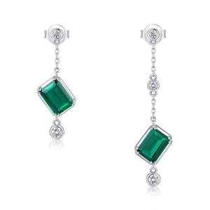 Asymmetrical S925 silver drop earrings with rectangular emerald gems and clear zircons