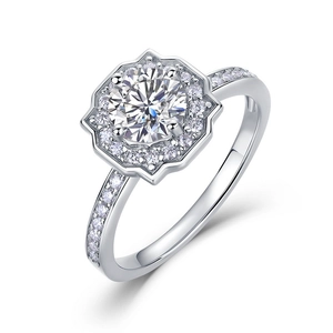Bague élégante en moissanite ronde géométrique en argent S925 avec design halo