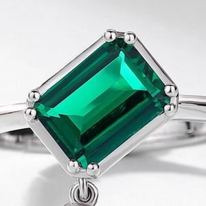 Bague luxueuse avec pierre verte taille émeraude en argent sterling S925 minimaliste