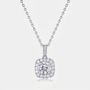 925 Sterling Silver Lab-Grown Diamond Necklace Geometric Square Halo Pendant Round Cut Sparkling Clavicle Chain Jewelry For Women Gift