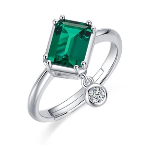 Bague ouverte en argent S925 avec pierre verte taille émeraude et petit accent clair