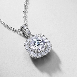 Classic S925 silver necklace with a 1-carat round diamond pendant in a square halo setting