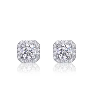 925 Sterling Silver Lab-Grown Diamond Square Halo Stud Earrings VS EF Round Cut Luxury Fashion Jewelry For Women Gift