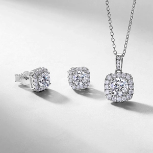 Elegant S925 sterling silver halo necklace and earrings set with round lab diamonds