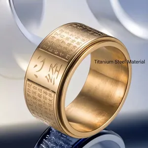Goldener Edelstahlring mit Herz-Sutra-Gravur, drehbar, vakuumvergoldet und wasserfest