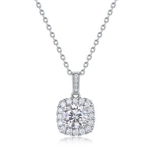 S925 silver necklace with square halo pendant featuring a round-cut lab diamond center